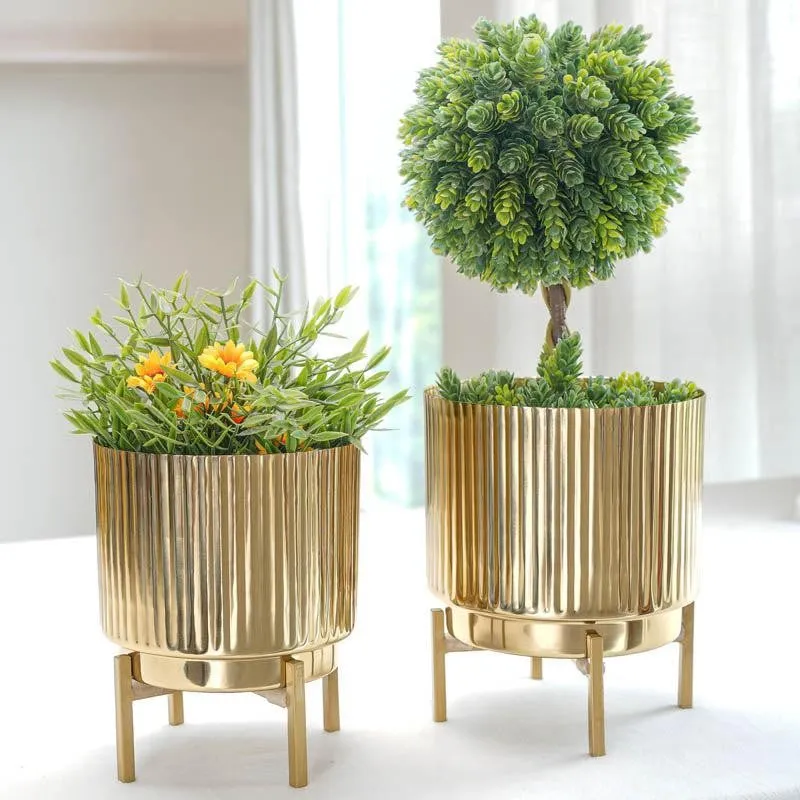 Royale Golden Metal Fluted Planter - Set Of Two media 3