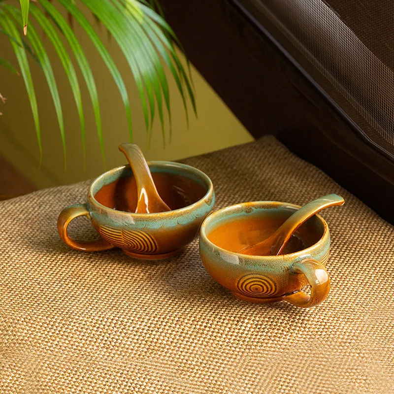 Kalika Handglazed Ceramic Soup Bowl With Spoon (Beige/320 mL) - Four Piece Set media 1
