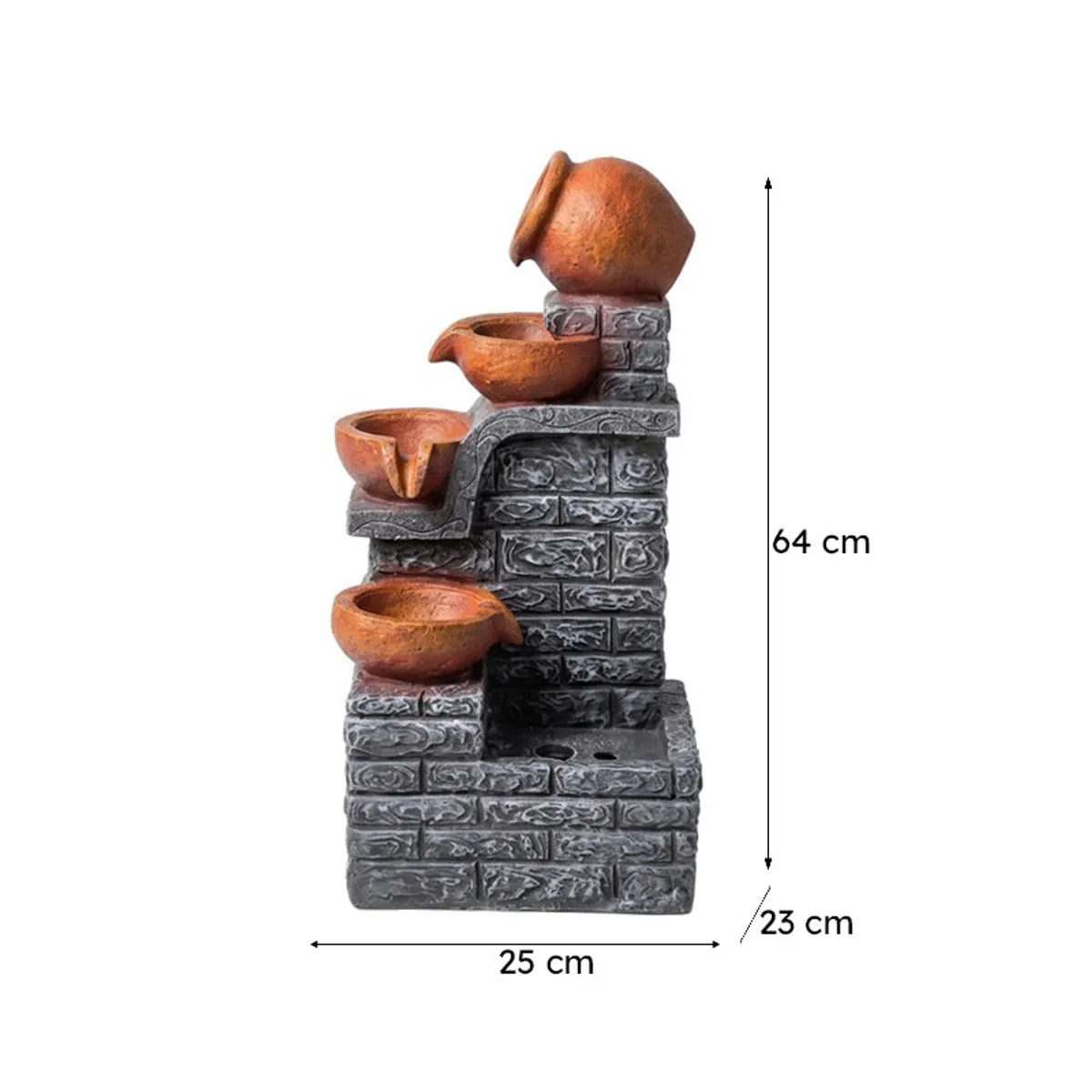 Cascade fountain with brown bowls and grey brick base shown with size markings