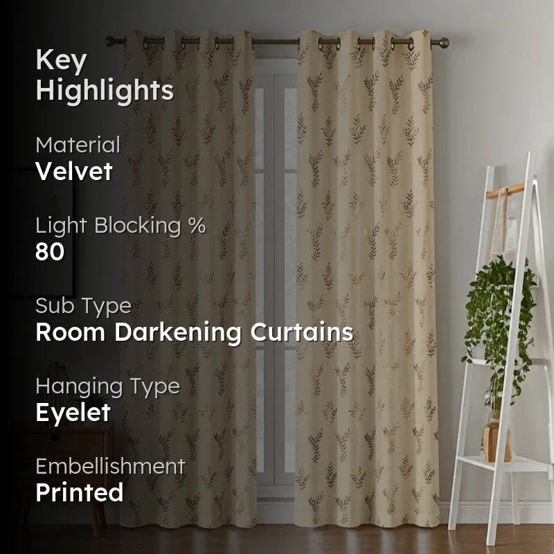 Soft Shine Printed Velvet Curtains (Beige,Gold) - Set Of Two media 2