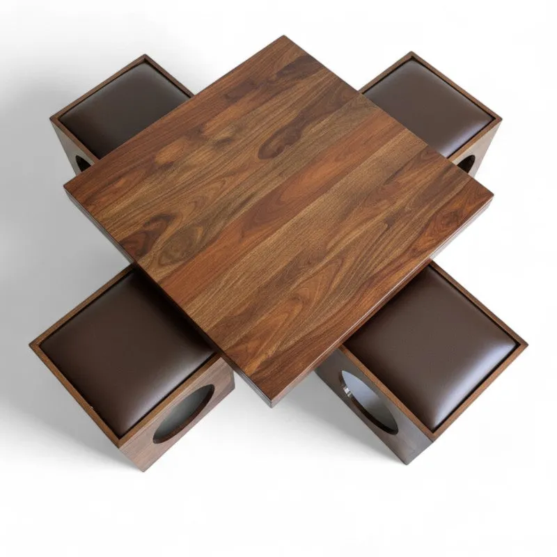 Lervon Sheesham Wooden Center Table with Stools (Brown) - Five Piece Set media 8