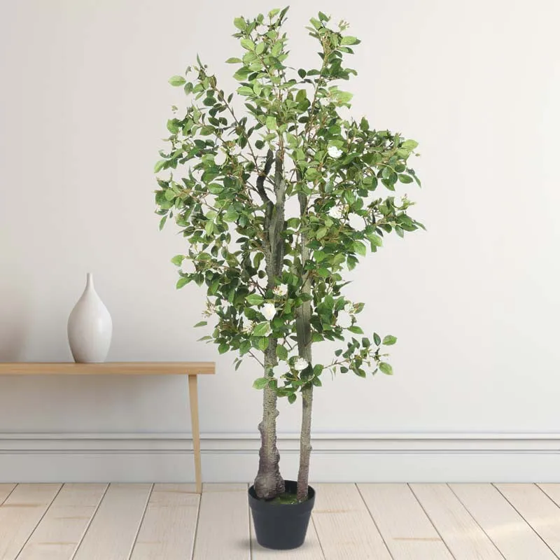 Faux Lush Mini Camellia Plant With Black Plastic Pot (White) - 4.3 Feet media 3