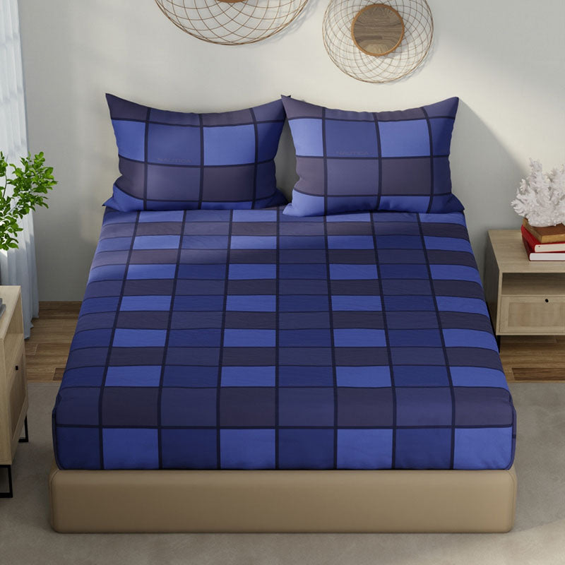 Nautica Maison Carré Geometric Cotton Bedsheet (Blue) - 210 TC