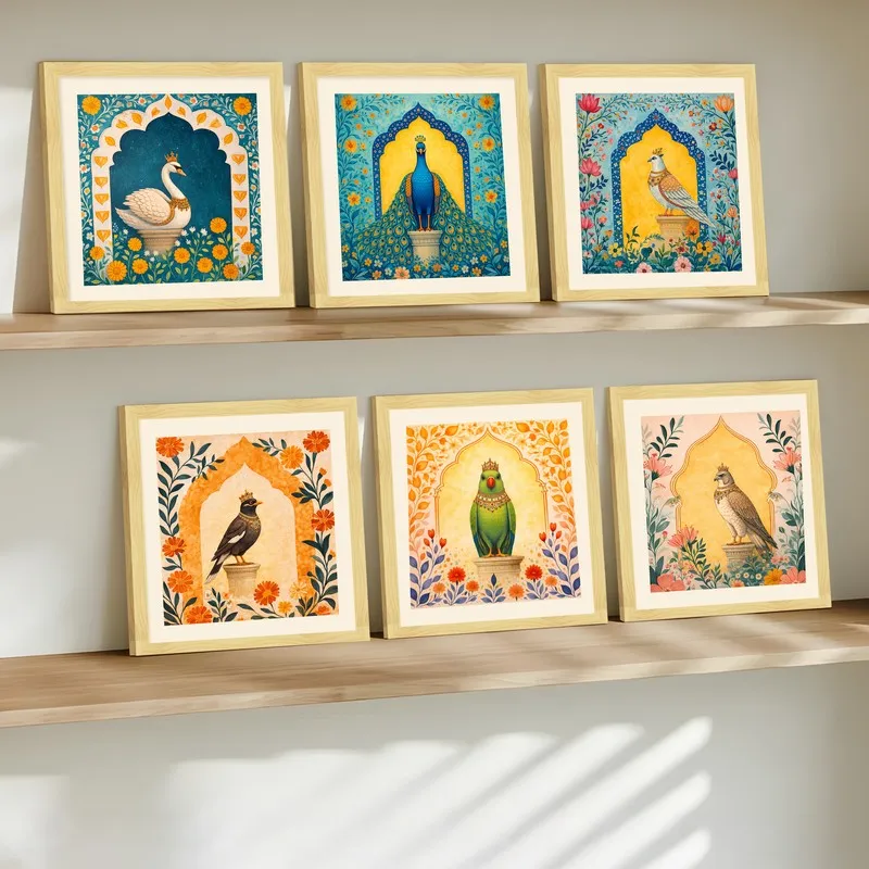 Ornate Garden Birds Paper Wall Painting With Frame - Set Of Six media 3