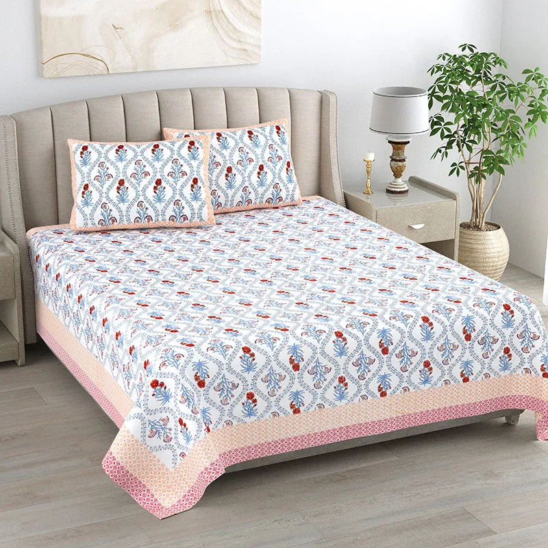 Ethnik Blooms Cotton Bedsheet (Peach, Blue) - 144 TC media 1
