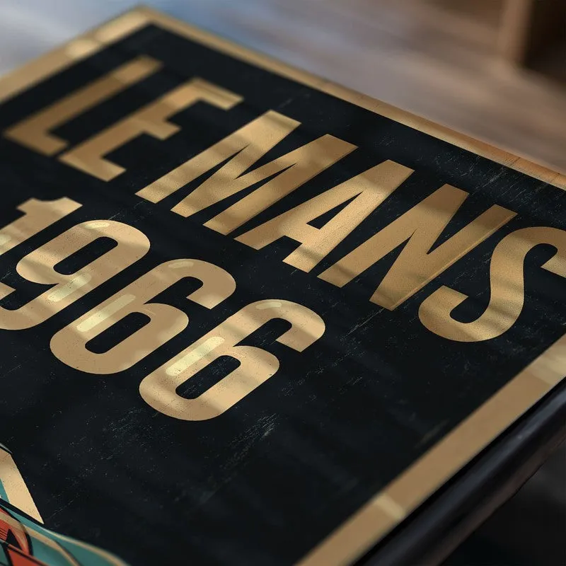 Close-up of a poster with bold vintage racing typography on a dark background