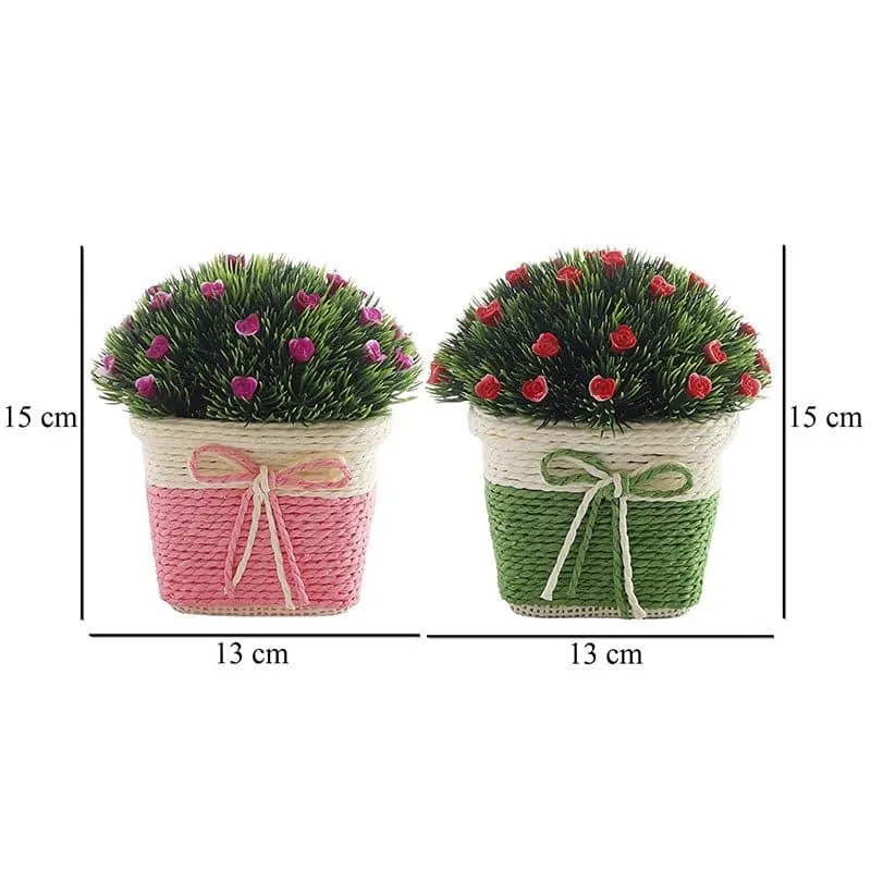 Faux Rose Bush Artificial Plant In Basket Pot (Green & Pink) - Set Of Two media 4