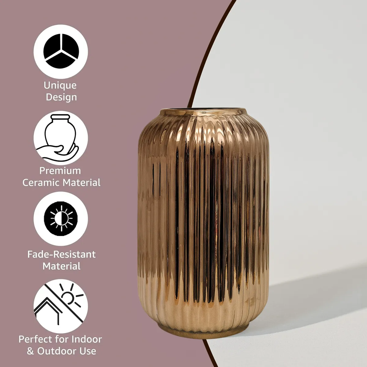 Opulent Ribbed Ceramic Vase - Gold media 5
