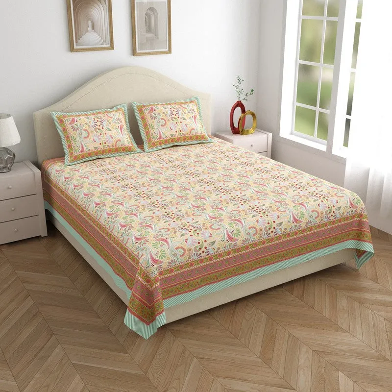 Royal Pattern Cotton Bedsheet (Beige,Pink) - 120 TC media 1