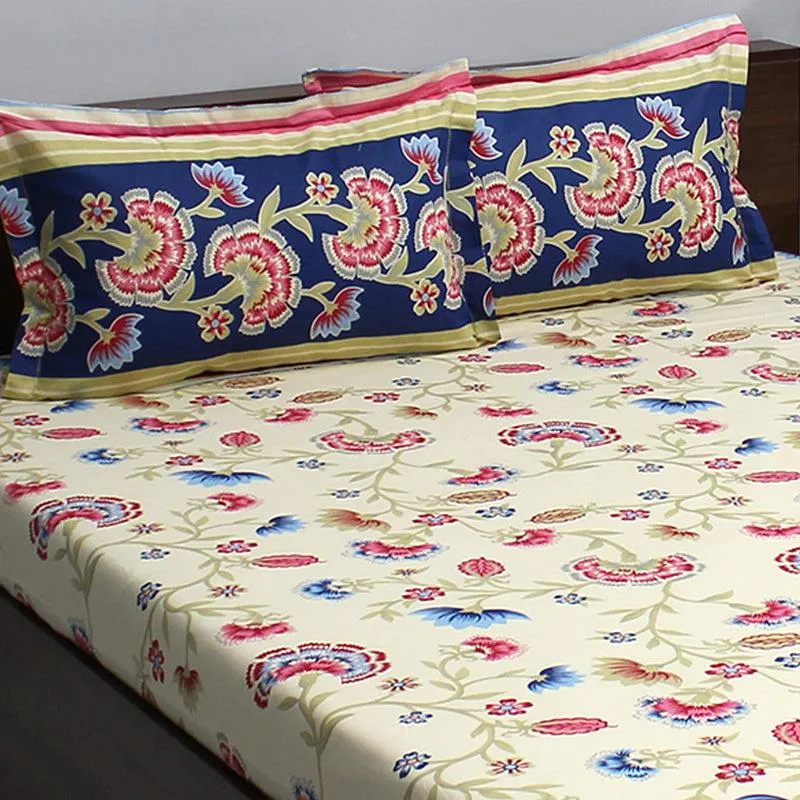 Siya Floral Cotton Bedsheet (Blue,Yellow) - 110 TC media 4