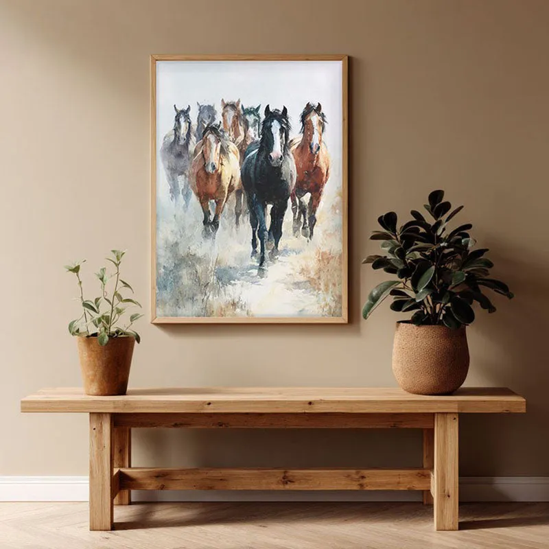 Running Horse Symphony Wall Painting With Brown Frame media 1