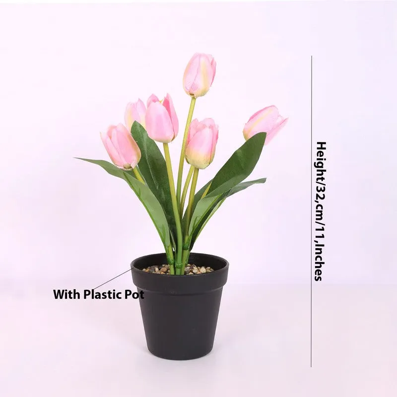 Artificial Tulip Flower Plant With Black Plastic Pot - Light Pink media 6