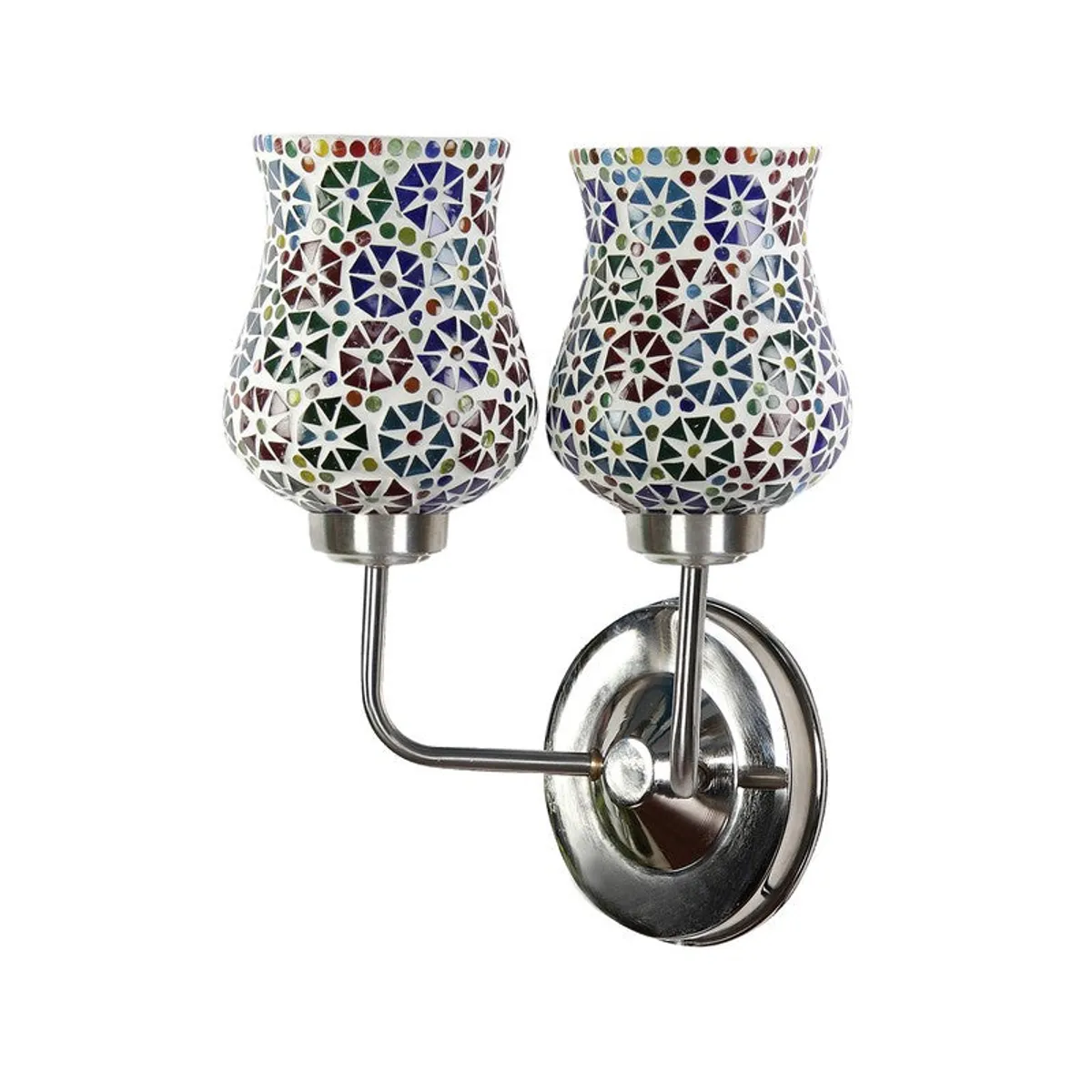 Angled view of unlit dual mosaic glass wall lamp with steel mount