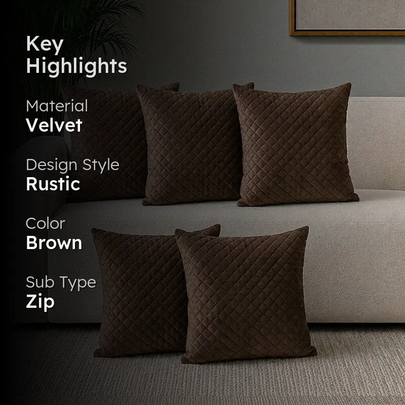 Orson Quilted Velvet Cushion Cover (Brown) - Set Of Five - 2
