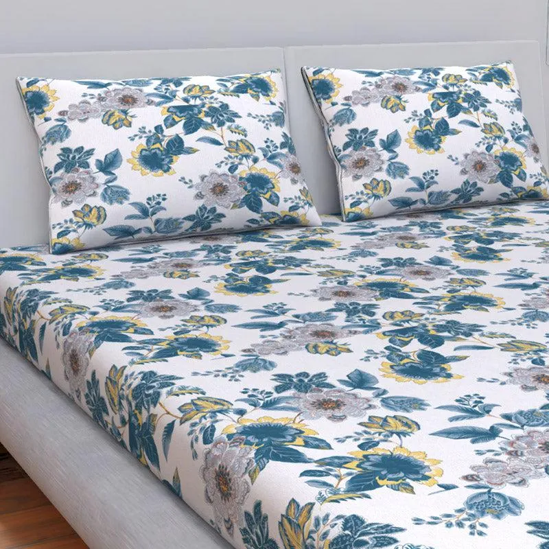 Himeya Comfort Percale Jade Garden Cotton Bedsheet (Blue) - 144 TC media 1