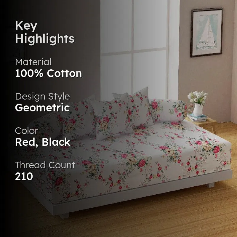 Floral diwan set styled in a room with text overlay