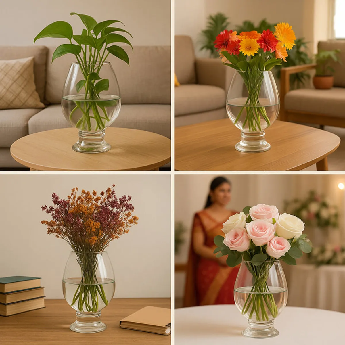 Collage showing the transparent glass urn vase with different flower arrangements