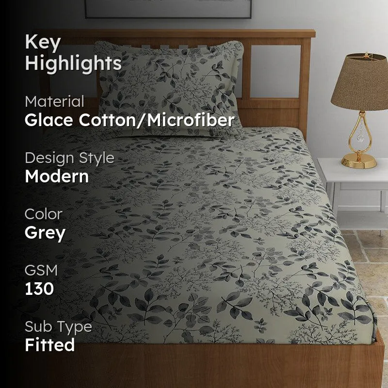 Grey floral fitted bedsheet with material and GSM highlight overlay