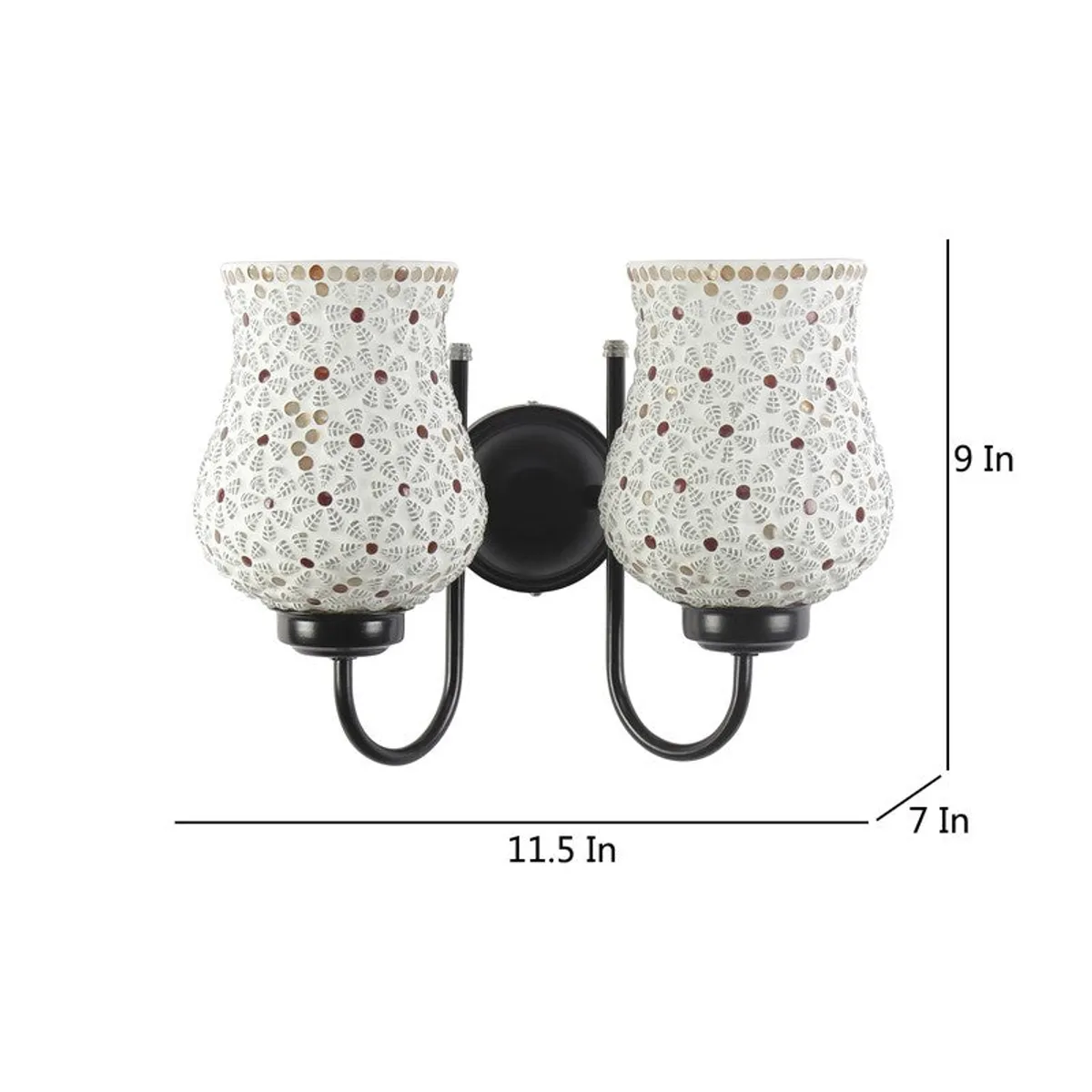 Dual wall lamp with white shades shown with size markings