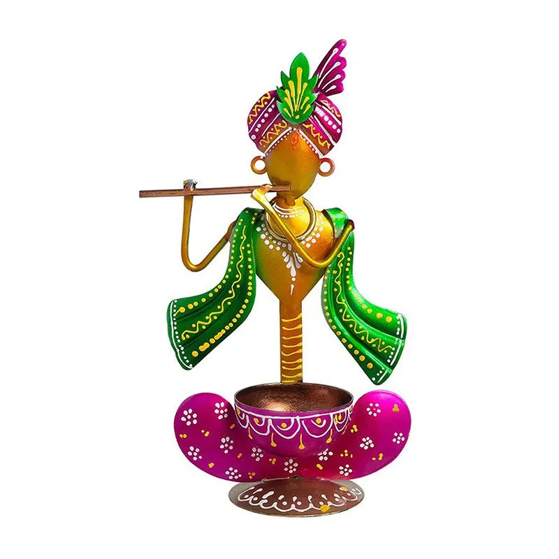 Krishan Iron Figurine with Diya - Purple,Yellow media 3