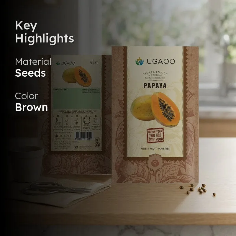 Highlight graphic showing papaya seed packet with material and colour callouts.