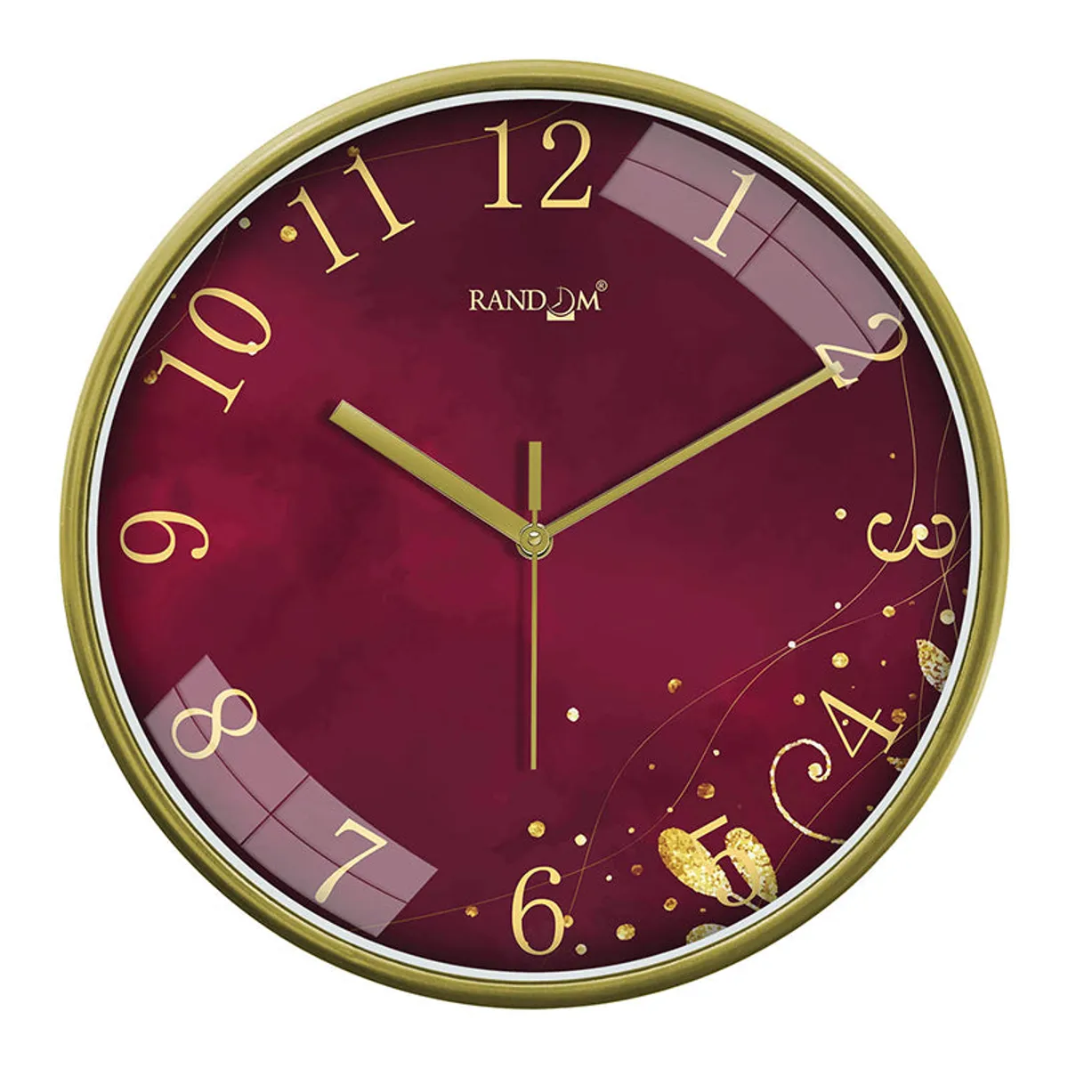 Front view of a round burgundy clock with gold hands, numerals and decorative detailing.