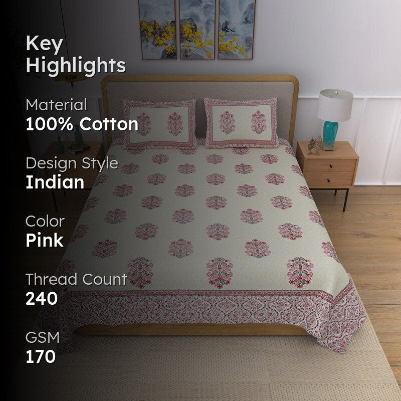 Clothiq Ethnic Cotton Bedsheet (Pink) - 240 TC media 2