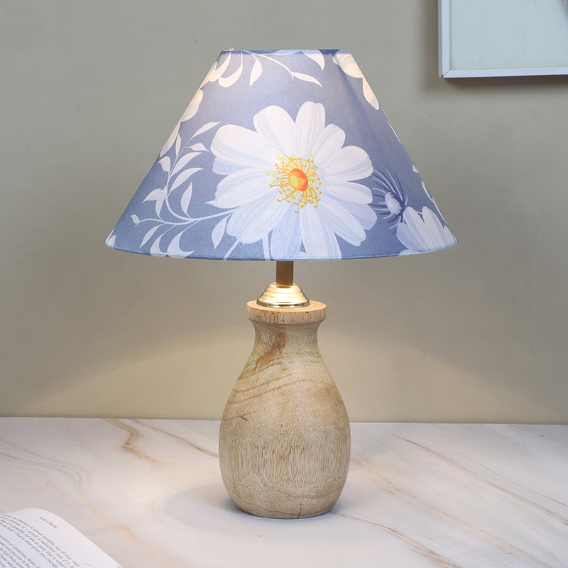 Daisy Blooms Curbe Printed Mango Wood Table Lamp - White,Blue,Brown