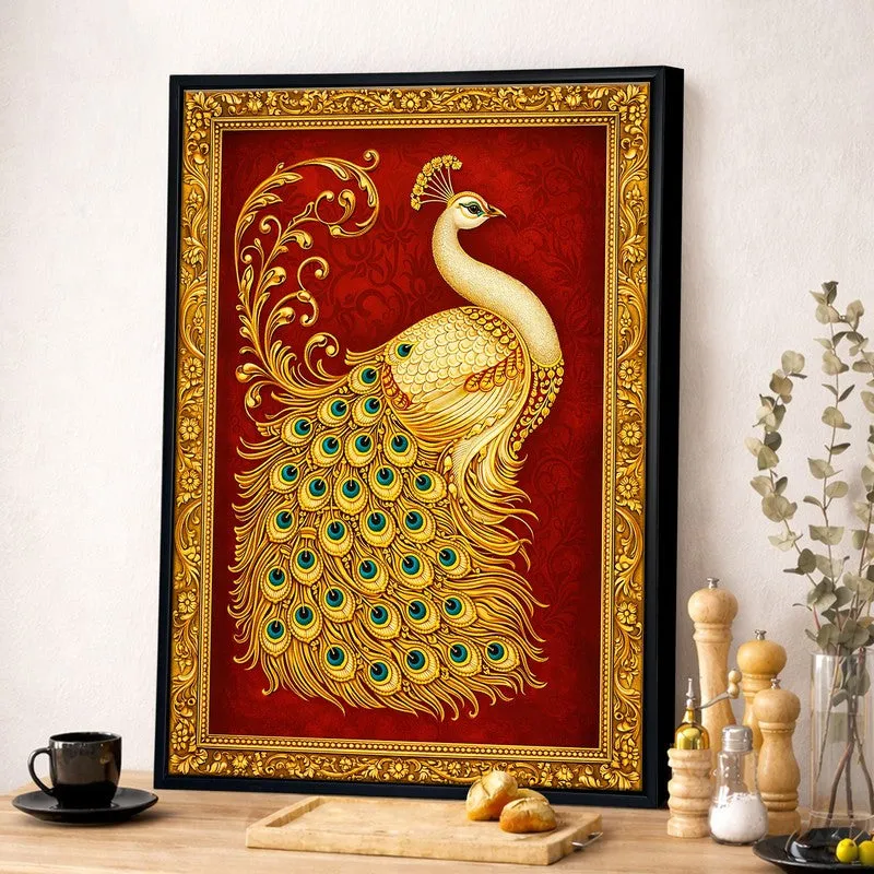 Tanjore Golden Peacock Canvas Wall Painting With Frame media 2
