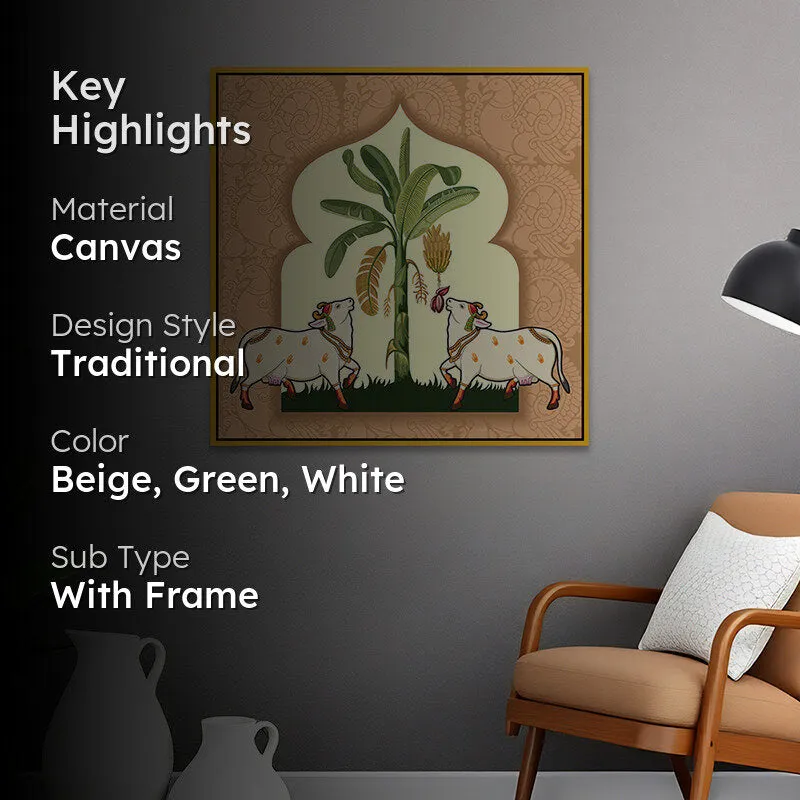 Cows & Canopy Canvas Wall Painting With Frame - Gold media 2