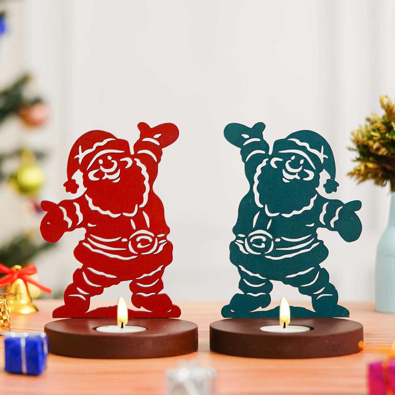 Mr Klaus Wood Christmas Tea Light Holder (Green & Red) - Set Of Two