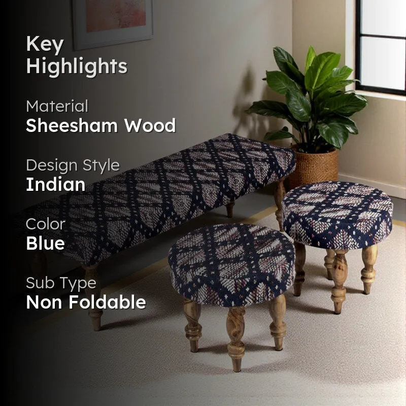 Axion Sheesham Wooden Bench with Stools (Blue) - Three Piece Set media 2
