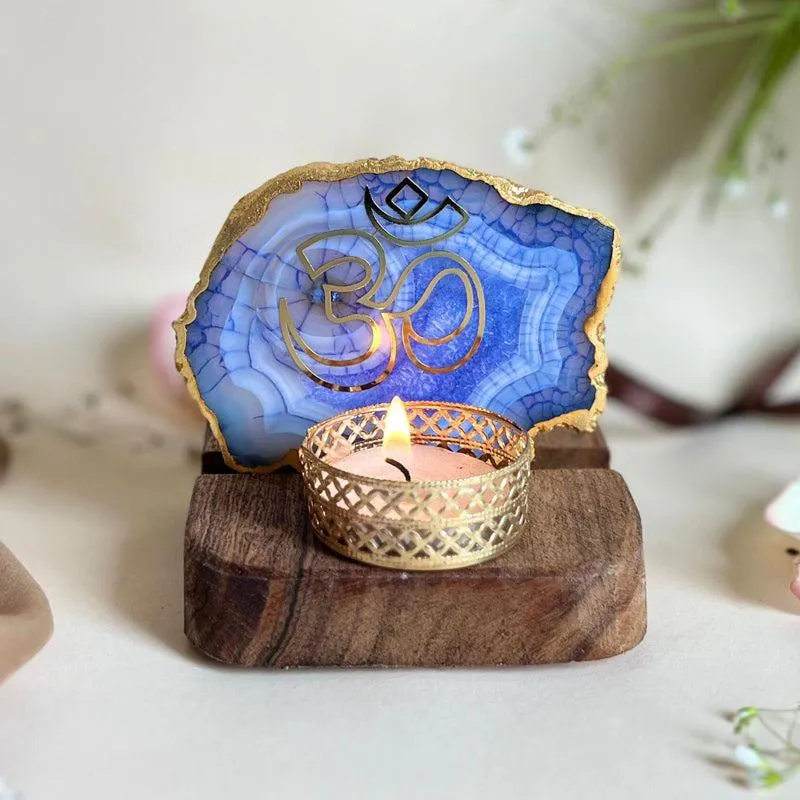 Namokar Handcrafted Agate Religious Accent With Tealight Candle Holder - Blue media 4