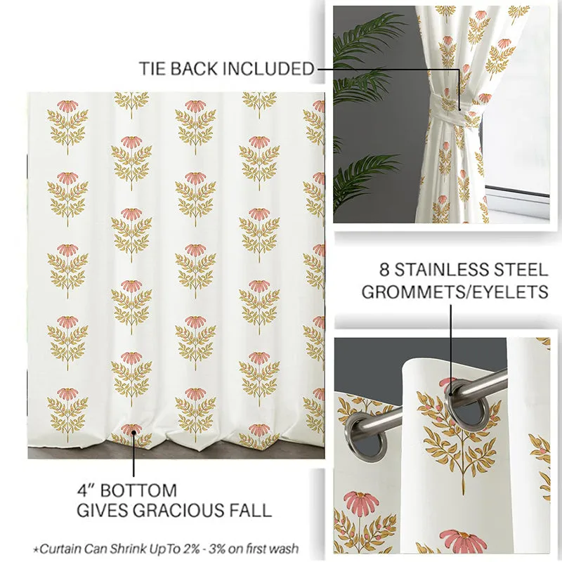 Peach floral eyelet curtain set top detail, set of two