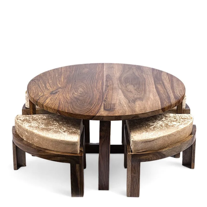 Iveron Sheesham Wooden Center Table with Stools and Cushions (Brown,Beige) - Nine Piece Set media 3