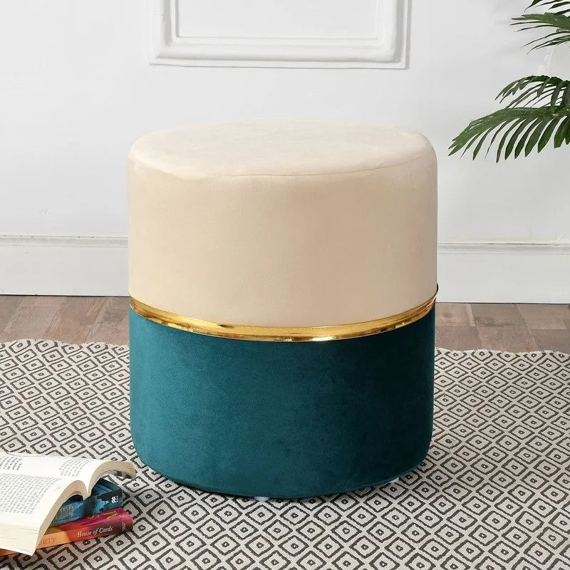 Dualtone Solid Velvet Pouffe - Beige & Teal media 1