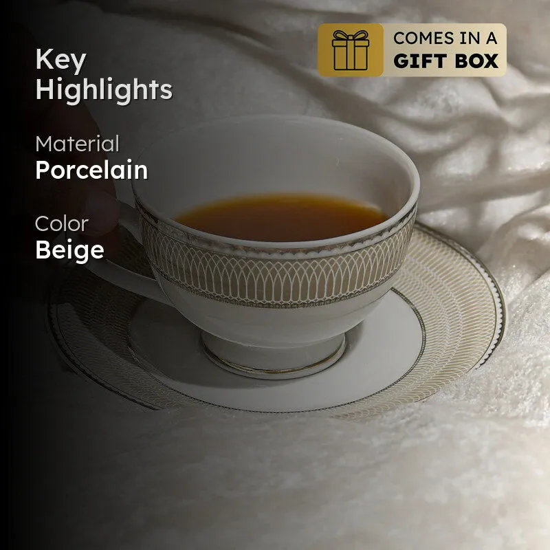 Shine Platin 24k Gold Brushed Porcelain Tea Cup & Saucer (280 mL) - Set of Six media 2