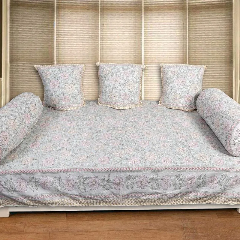 Neeraja Floral Diwan Set (Pink & Blue) - Six Piece set media 1
