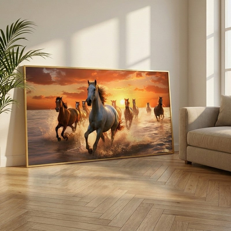 Ocean Horse Run Canvas Wall Painting With Gold Frame