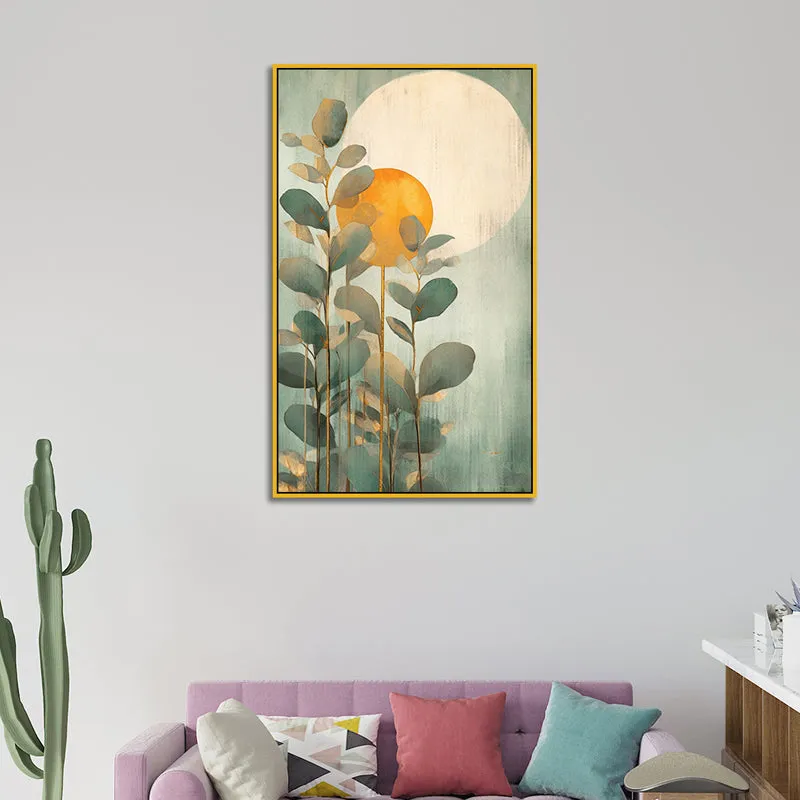Fading Green Sunset Floral Canvas Wall Painting With Frame - Gold media 1