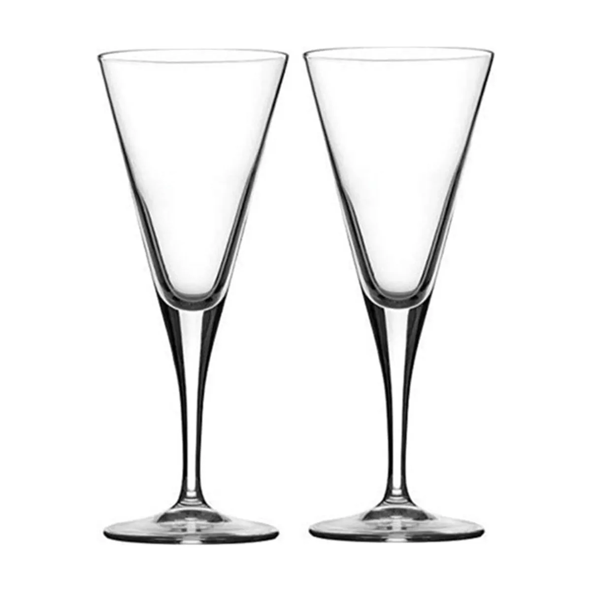 Set of two clear conical stem glasses on a white background