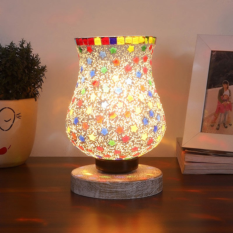 Flare Mosaic Glass Table Lamp With Wooden Base - Multicolor