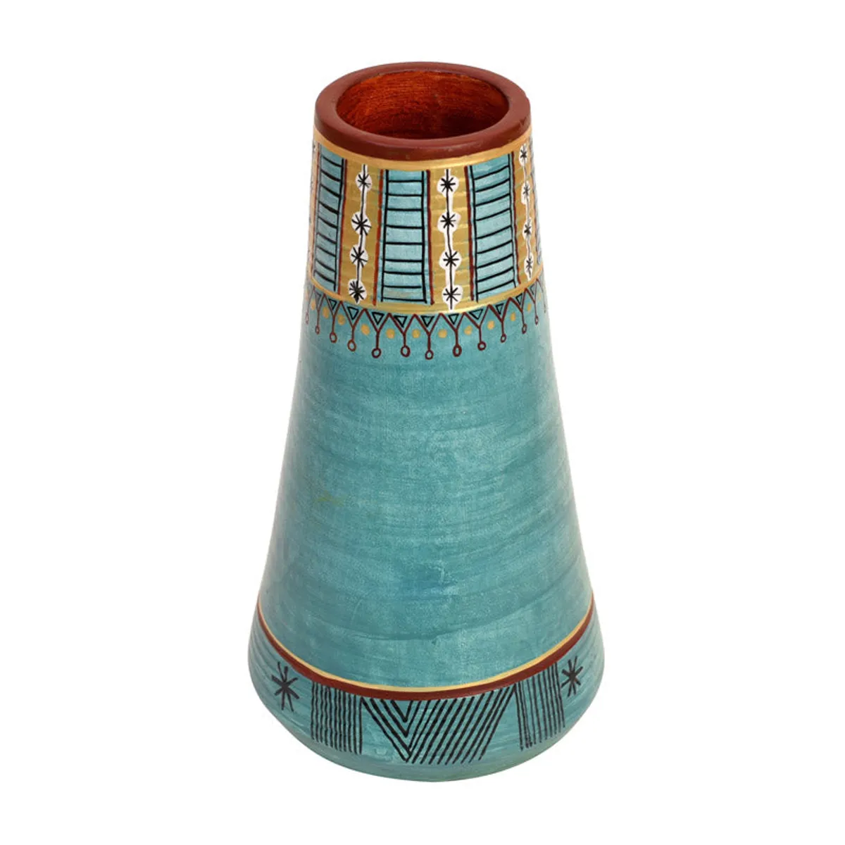 Angled view of blue terracotta vase with geometric motifs