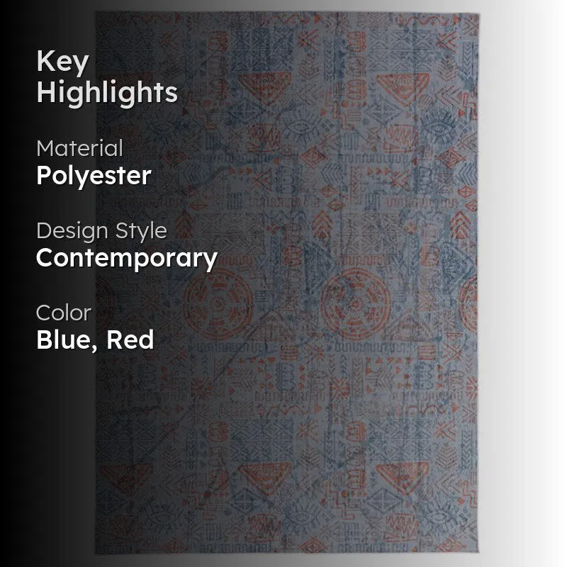 Blue and red patterned carpet with key highlights overlay