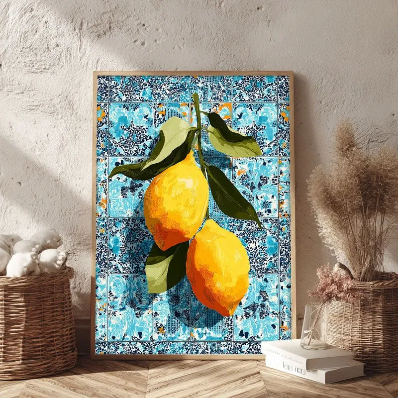 Zestara Lemon Foliage Canvas Wall Painting With Brown Frame media 3