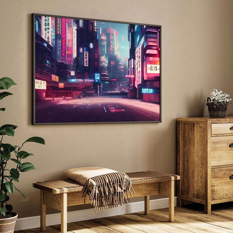 Futuristic Japan City Canvas Wall Painting - Black Frame