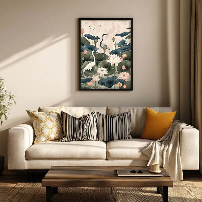 Lotus Garden Birds Canvas Wall Painting With Black Frame media 5