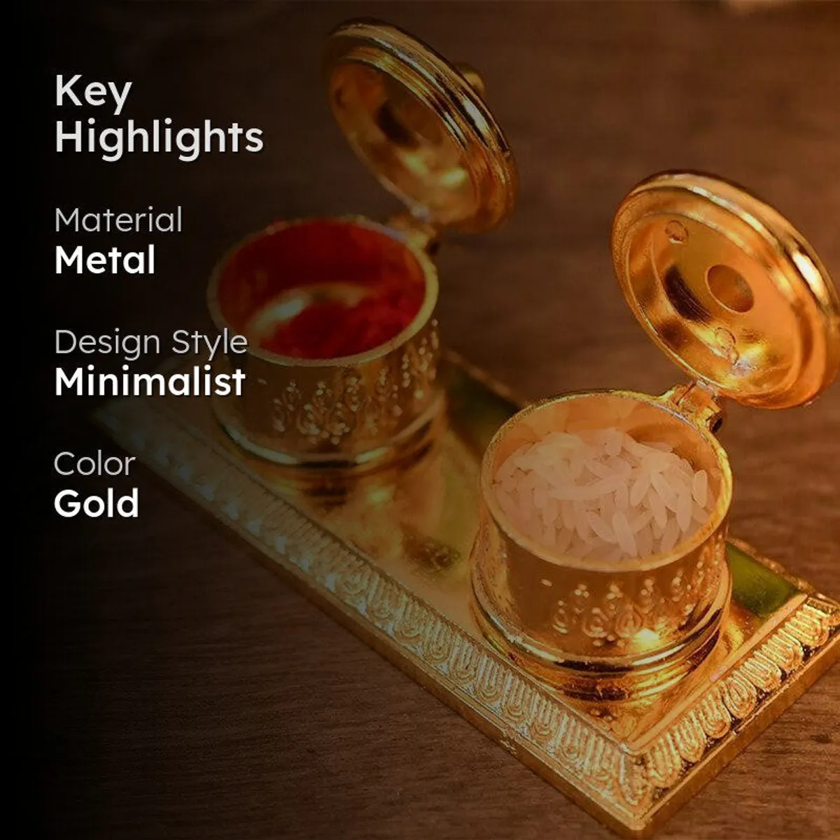 Gold pooja tray with open roli and rice containers in a styled setting