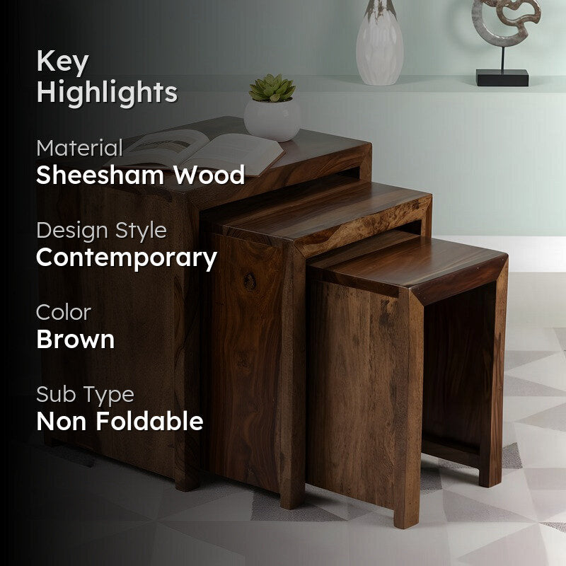 Sverox Sheesham Wooden Side & Bedside Table (Brown,Beige) - Set Of Three media 2