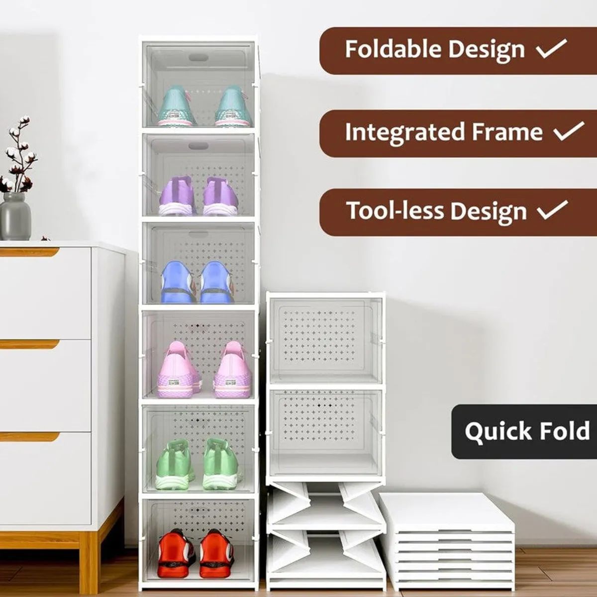White foldable shoe rack with stacked compartments and separate folded panels